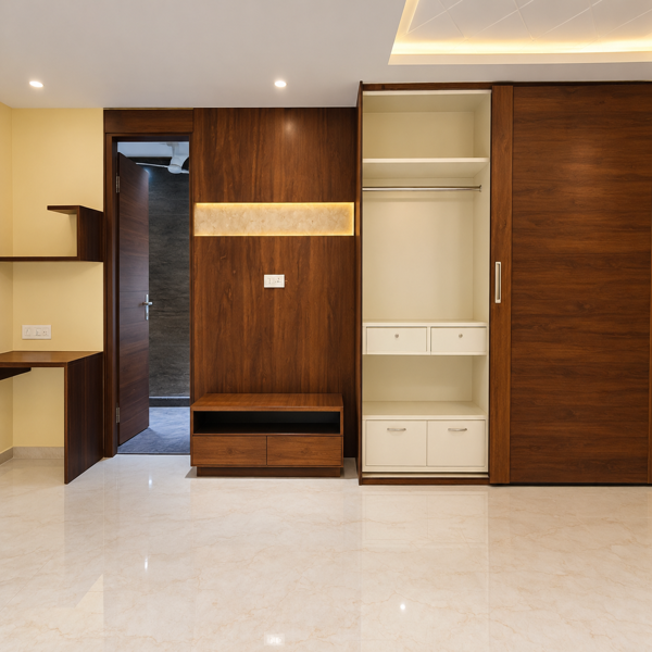 Modern bedroom interior, premium bedroom design, spacious room, wooden wardrobe, built in wardrobe, white storage cabinet, open wardrobe section, drawers, TV unit, wooden wall panel, wall mounted shelf, elegant bedroom flooring, polished marble floor, warm LED lighting, recessed ceiling lights, contemporary apartment bedroom, luxury home interior, stylish bedroom furniture, spacious residential room, modern storage design, premium wardrobe, organized storage space, wooden interior finish, elegant bedroom wall, contemporary residential property, clean bedroom space, bright indoor lighting, sophisticated home design, large wardrobe, functional storage, modern TV panel, premium room interiors, polished flooring, warm ambient lighting, stylish wooden accents, spacious sleeping area, luxury flat bedroom, modern apartment design, elegant residential interior, premium home finishing, contemporary bedroom architecture, clean and organized room, attractive wall unit, modern furniture arrangement, spacious floor area, high quality interior, sophisticated bedroom decor, wooden wardrobe doors, built in storage, premium apartment interiors, warm home atmosphere, modern room design, luxury residential space, elegant lighting, contemporary home styling, functional bedroom layout, clean flooring, polished surfaces, premium storage furniture, stylish TV console, modern wall paneling, spacious bedroom interior, upscale apartment room, refined home design, bright ceiling lighting, luxury property interior, attractive wardrobe setup, modern bedroom furniture, premium residential design, comfortable home environment, elegant room finish, contemporary flat interior, spacious room layout, clean modern bedroom, stylish storage solution, warm lighting design, high end apartment bedroom, beautiful wooden detailing, premium bedroom showcase, modern residential room, functional wardrobe area, sophisticated interior architecture, polished marble floor, bright and airy bedroom, elegant home interior, contemporary apartment space, luxury bedroom presentation, neat storage arrangement, premium room design, modern home aesthetics, attractive residential property, spacious bedroom flooring, warm premium interior, stylish apartment bedroom.